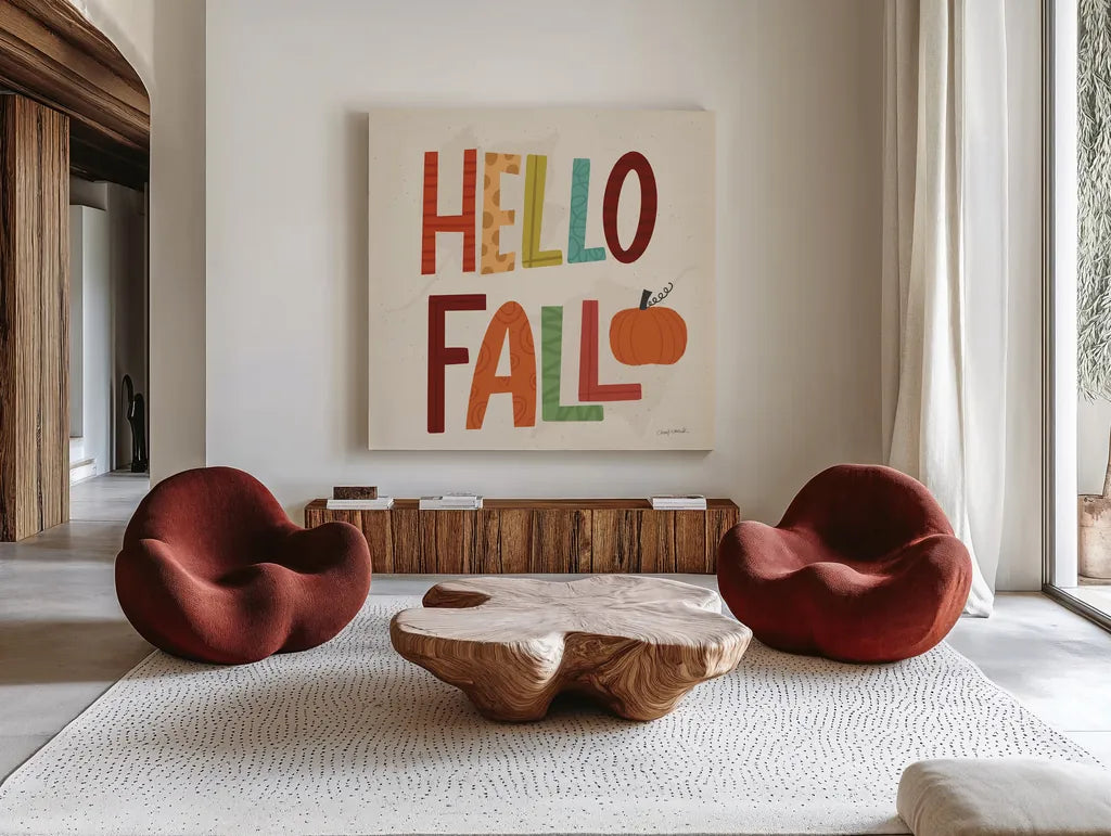 Fall Fun III by Cheryl Warrick. Shown as extra-large giant wall art in a modern living room. Available as an archival giclee rolled canvas, fine art paper, or poster print. SKU 93046a.