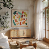 Fall Fun IV by Cheryl Warrick. Shown in a natural wood frame in a cozy modern living room. Available as an archival giclee rolled canvas, fine art paper, or poster print. SKU 93047a.