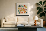 Fall Fun IV by Cheryl Warrick. Displayed in a glass frame with matte in a clean modern living room. Available as an archival giclee rolled canvas, fine art paper, or poster print. SKU 93047a.