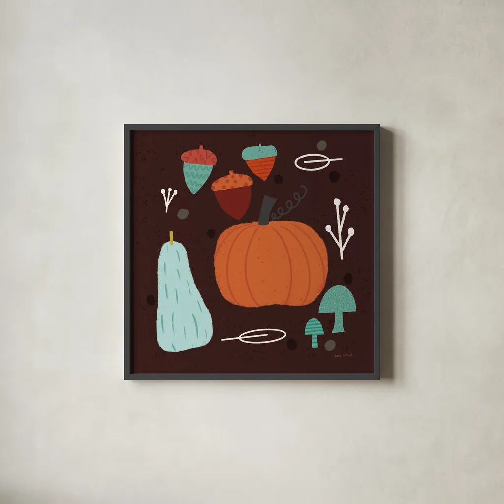 Fall Fun IX by Cheryl Warrick. Shown in a sleek black glass frame for a contemporary gallery look. Available as an archival giclee rolled canvas, fine art paper, or poster print. SKU 93052a.