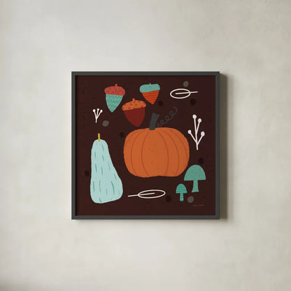Fall Fun IX by Cheryl Warrick. Shown in a sleek black glass frame for a contemporary gallery look. Available as an archival giclee rolled canvas, fine art paper, or poster print. SKU 93052a.