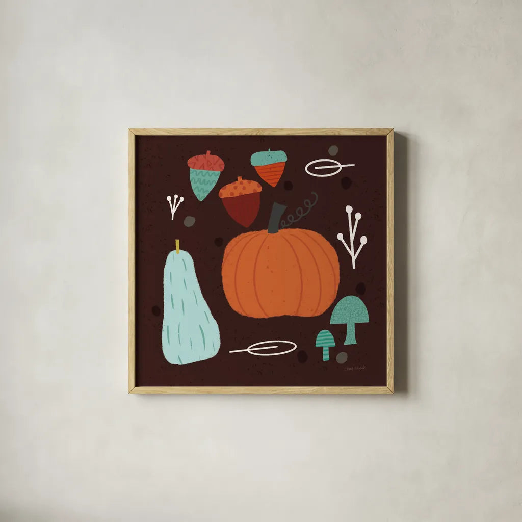 Fall Fun IX by Cheryl Warrick. Shown in a natural wood glass frame for a timeless modern aesthetic. Available as an archival giclee rolled canvas, fine art paper, or poster print. SKU 93052a.