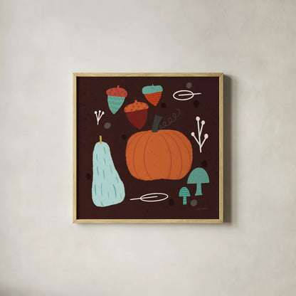 Fall Fun IX by Cheryl Warrick. Shown in a natural wood glass frame for a timeless modern aesthetic. Available as an archival giclee rolled canvas, fine art paper, or poster print. SKU 93052a.