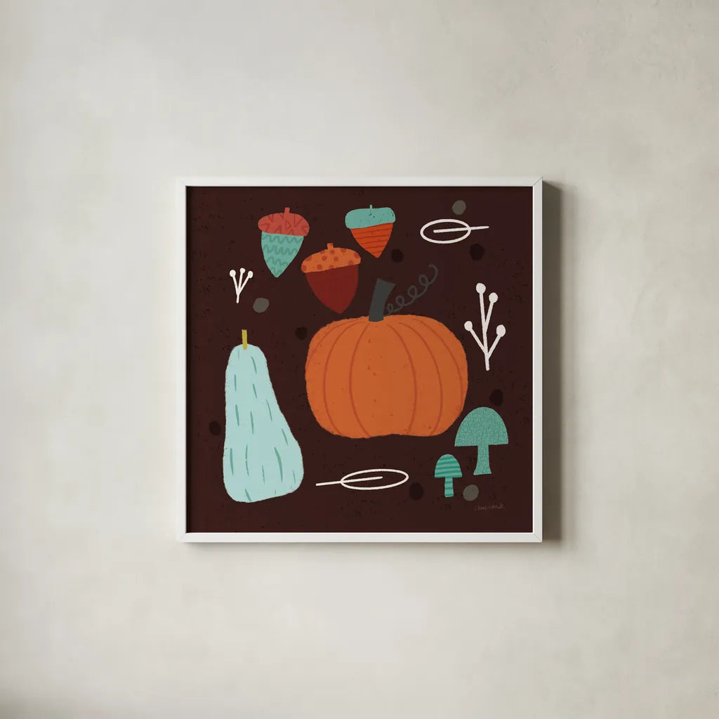 Fall Fun IX by Cheryl Warrick. Shown in a crisp white glass frame for a clean and minimalist style. Available as an archival giclee rolled canvas, fine art paper, or poster print. SKU 93052a.