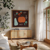 Fall Fun IX by Cheryl Warrick. Shown in a natural wood frame in a cozy modern living room. Available as an archival giclee rolled canvas, fine art paper, or poster print. SKU 93052a.