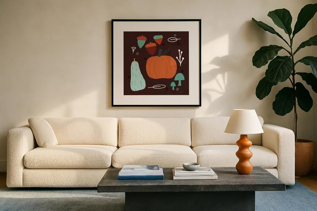 Fall Fun IX by Cheryl Warrick. Displayed in a glass frame with matte in a clean modern living room. Available as an archival giclee rolled canvas, fine art paper, or poster print. SKU 93052a.
