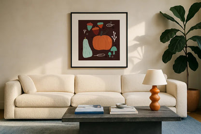 Fall Fun IX by Cheryl Warrick. Displayed in a glass frame with matte in a clean modern living room. Available as an archival giclee rolled canvas, fine art paper, or poster print. SKU 93052a.