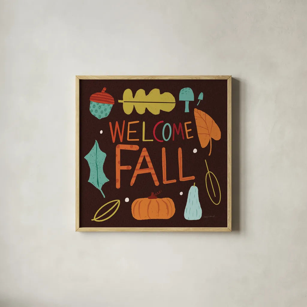 Fall Fun V by Cheryl Warrick. Shown in a natural wood glass frame for a timeless modern aesthetic. Available as an archival giclee rolled canvas, fine art paper, or poster print. SKU 93048a.