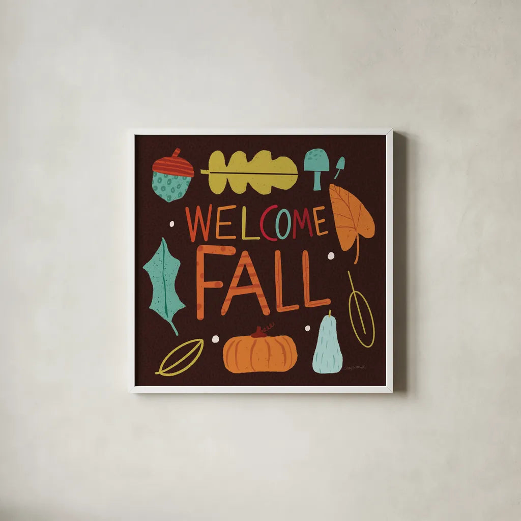 Fall Fun V by Cheryl Warrick. Shown in a crisp white glass frame for a clean and minimalist style. Available as an archival giclee rolled canvas, fine art paper, or poster print. SKU 93048a.