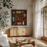 Fall Fun V by Cheryl Warrick. Shown in a natural wood frame in a cozy modern living room. Available as an archival giclee rolled canvas, fine art paper, or poster print. SKU 93048a.