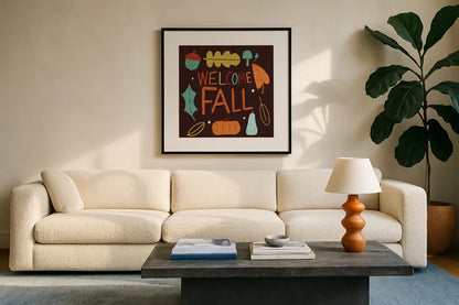 Fall Fun V by Cheryl Warrick. Displayed in a glass frame with matte in a clean modern living room. Available as an archival giclee rolled canvas, fine art paper, or poster print. SKU 93048a.