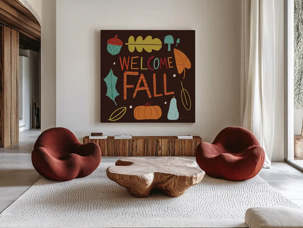 Fall Fun V by Cheryl Warrick. Shown as extra-large giant wall art in a modern living room. Available as an archival giclee rolled canvas, fine art paper, or poster print. SKU 93048a.