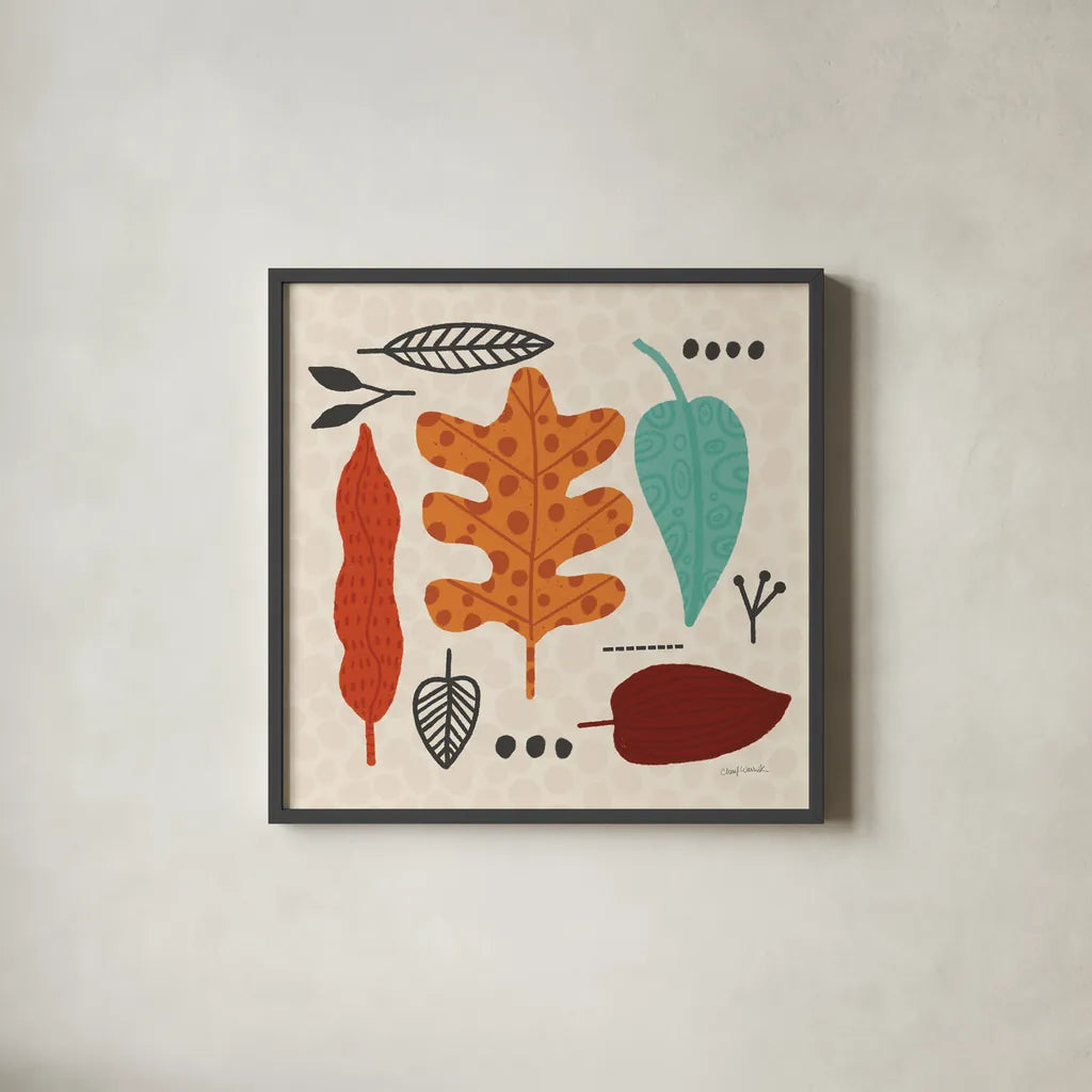 Fall Fun VI by Cheryl Warrick. Shown in a sleek black glass frame for a contemporary gallery look. Available as an archival giclee rolled canvas, fine art paper, or poster print. SKU 93049a.