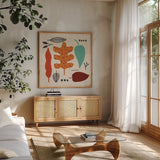 Fall Fun VI by Cheryl Warrick. Shown in a natural wood frame in a cozy modern living room. Available as an archival giclee rolled canvas, fine art paper, or poster print. SKU 93049a.