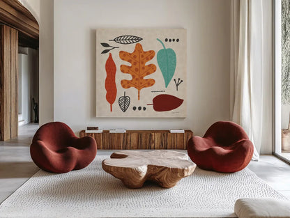 Fall Fun VI by Cheryl Warrick. Shown as extra-large giant wall art in a modern living room. Available as an archival giclee rolled canvas, fine art paper, or poster print. SKU 93049a.