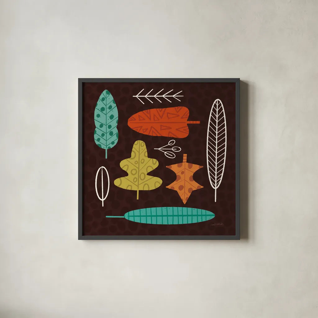 Fall Fun VII by Cheryl Warrick. Shown in a sleek black glass frame for a contemporary gallery look. Available as an archival giclee rolled canvas, fine art paper, or poster print. SKU 93050a.