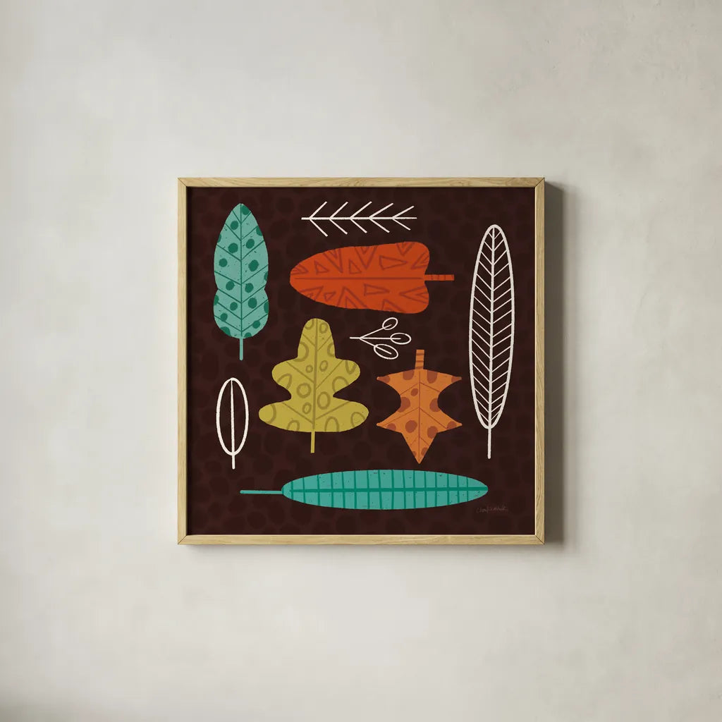 Fall Fun VII by Cheryl Warrick. Shown in a natural wood glass frame for a timeless modern aesthetic. Available as an archival giclee rolled canvas, fine art paper, or poster print. SKU 93050a.