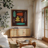 Fall Fun VII by Cheryl Warrick. Shown in a natural wood frame in a cozy modern living room. Available as an archival giclee rolled canvas, fine art paper, or poster print. SKU 93050a.