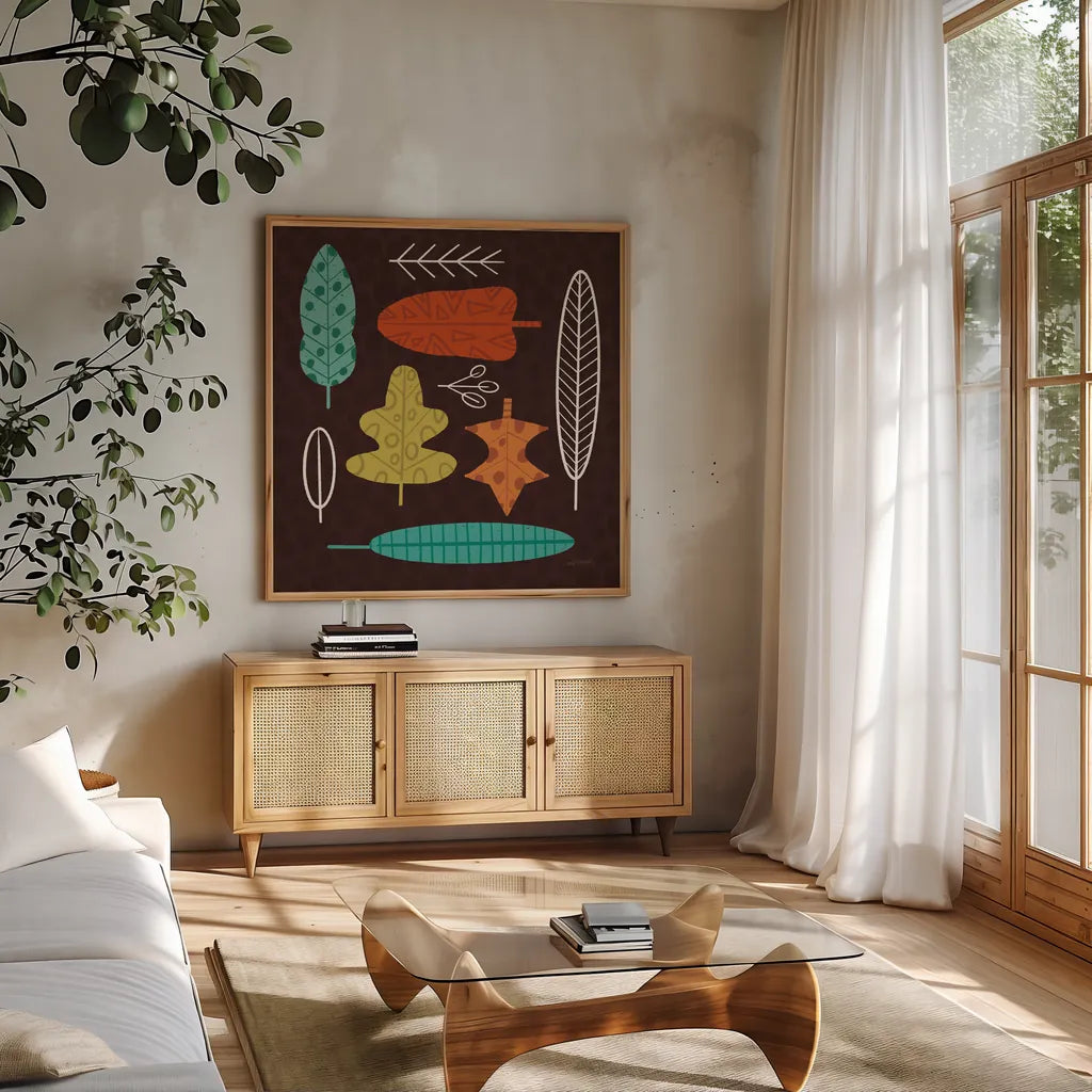 Fall Fun VII by Cheryl Warrick. Shown in a natural wood frame in a cozy modern living room. Available as an archival giclee rolled canvas, fine art paper, or poster print. SKU 93050a.