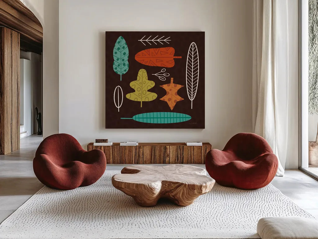 Fall Fun VII by Cheryl Warrick. Shown as extra-large giant wall art in a modern living room. Available as an archival giclee rolled canvas, fine art paper, or poster print. SKU 93050a.