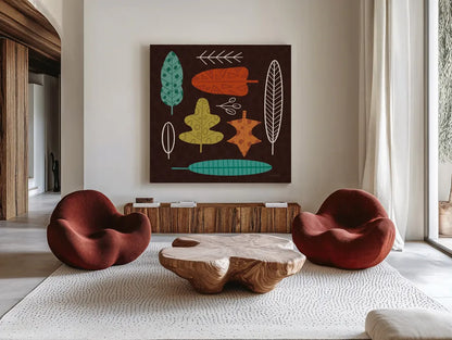 Fall Fun VII by Cheryl Warrick. Shown as extra-large giant wall art in a modern living room. Available as an archival giclee rolled canvas, fine art paper, or poster print. SKU 93050a.