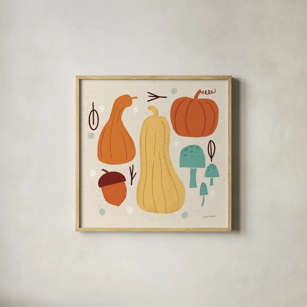 Fall Fun VIII by Cheryl Warrick. Shown in a natural wood glass frame for a timeless modern aesthetic. Available as an archival giclee rolled canvas, fine art paper, or poster print. SKU 93051a.