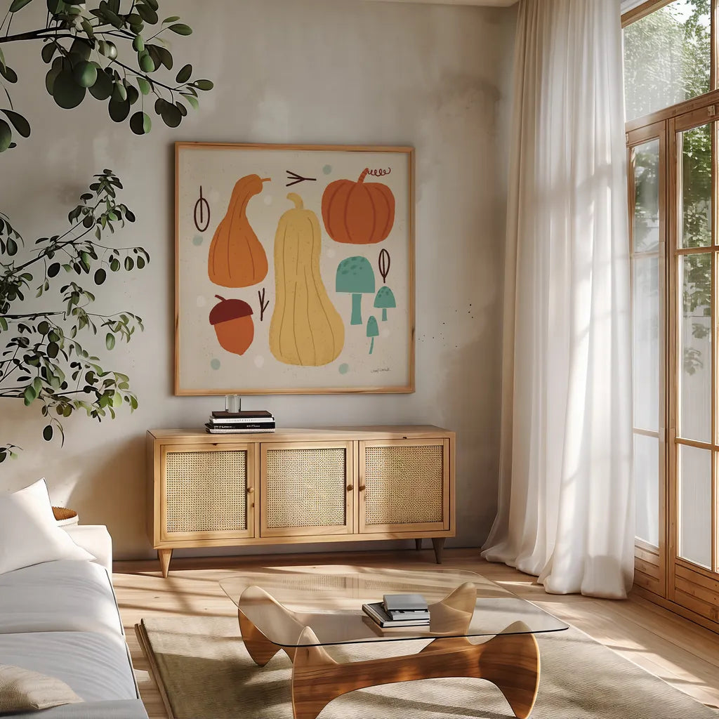 Fall Fun VIII by Cheryl Warrick. Shown in a natural wood frame in a cozy modern living room. Available as an archival giclee rolled canvas, fine art paper, or poster print. SKU 93051a.