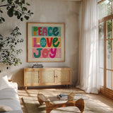 Festive Feelings I by Cheryl Warrick. Shown in a natural wood frame in a cozy modern living room. Available as an archival giclee rolled canvas, fine art paper, or poster print. SKU 102799a.