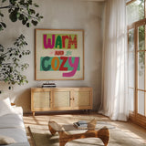Festive Feelings III by Cheryl Warrick. Shown in a natural wood frame in a cozy modern living room. Available as an archival giclee rolled canvas, fine art paper, or poster print. SKU 102801a.