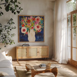 Floral Beauty I by Cheryl Warrick. Shown in a natural wood frame in a cozy modern living room. Available as an archival giclee rolled canvas, fine art paper, or poster print. SKU 86838a.