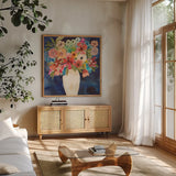 Floral Beauty II by Cheryl Warrick. Shown in a natural wood frame in a cozy modern living room. Available as an archival giclee rolled canvas, fine art paper, or poster print. SKU 86839a.