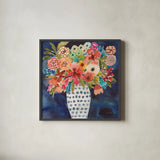 Floral Beauty II Striped Vase by Cheryl Warrick. Shown in a sleek black glass frame for a contemporary gallery look. Available as an archival giclee rolled canvas, fine art paper, or poster print. SKU 86878a.