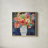 Floral Beauty II Striped Vase by Cheryl Warrick. Shown in a natural wood glass frame for a timeless modern aesthetic. Available as an archival giclee rolled canvas, fine art paper, or poster print. SKU 86878a.