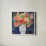 Floral Beauty II Striped Vase by Cheryl Warrick. Shown in a crisp white glass frame for a clean and minimalist style. Available as an archival giclee rolled canvas, fine art paper, or poster print. SKU 86878a.