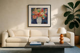 Floral Beauty II Striped Vase by Cheryl Warrick. Displayed in a glass frame with matte in a clean modern living room. Available as an archival giclee rolled canvas, fine art paper, or poster print. SKU 86878a.