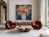 Floral Beauty II Striped Vase by Cheryl Warrick. Shown as extra-large giant wall art in a modern living room. Available as an archival giclee rolled canvas, fine art paper, or poster print. SKU 86878a.