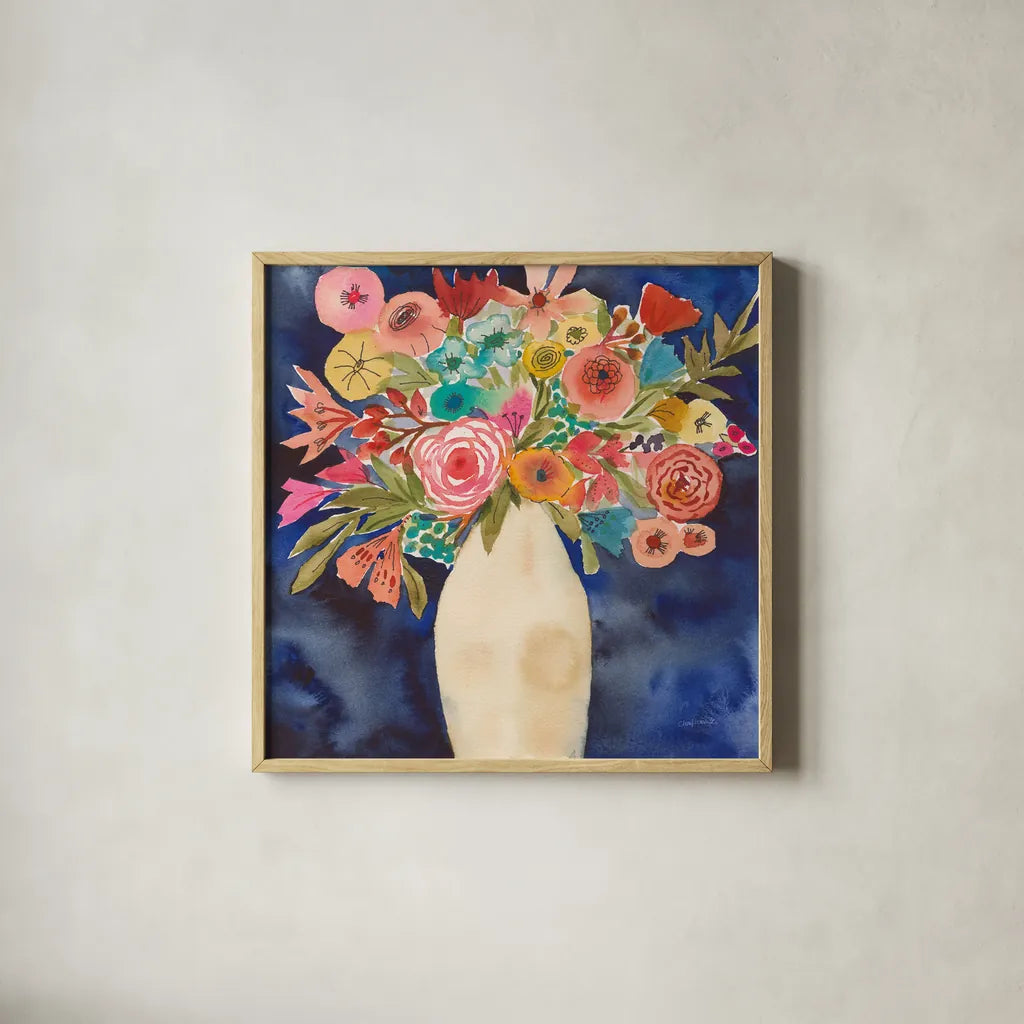 Floral Beauty III by Cheryl Warrick. Shown in a natural wood glass frame for a timeless modern aesthetic. Available as an archival giclee rolled canvas, fine art paper, or poster print. SKU 86840a.