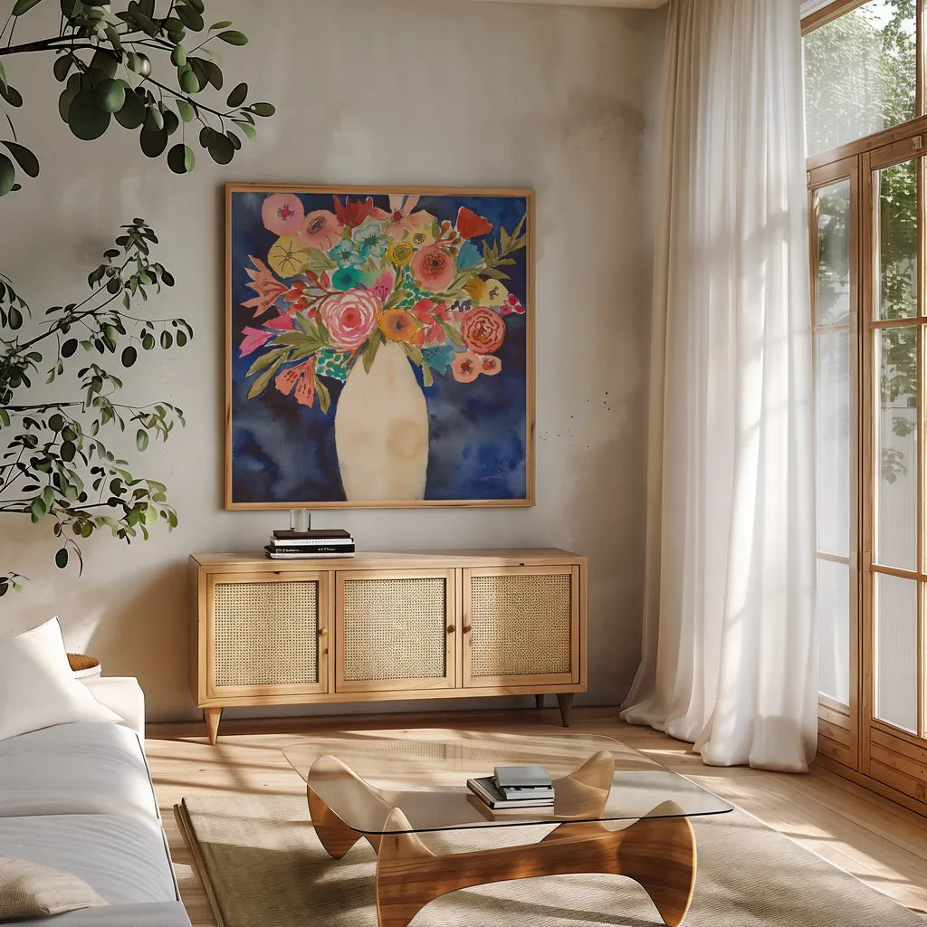 Floral Beauty III by Cheryl Warrick. Shown in a natural wood frame in a cozy modern living room. Available as an archival giclee rolled canvas, fine art paper, or poster print. SKU 86840a.