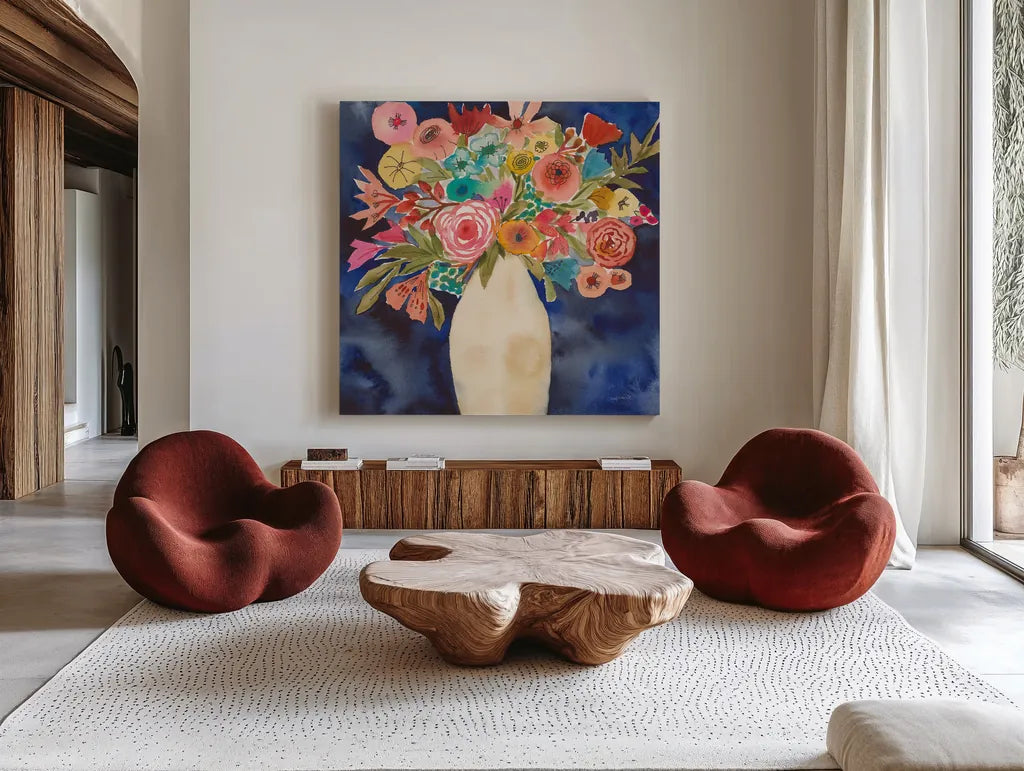 Floral Beauty III by Cheryl Warrick. Shown as extra-large giant wall art in a modern living room. Available as an archival giclee rolled canvas, fine art paper, or poster print. SKU 86840a.