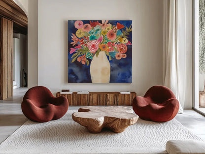 Floral Beauty III by Cheryl Warrick. Shown as extra-large giant wall art in a modern living room. Available as an archival giclee rolled canvas, fine art paper, or poster print. SKU 86840a.