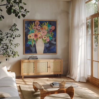 Floral Beauty IV by Cheryl Warrick. Shown in a natural wood frame in a cozy modern living room. Available as an archival giclee rolled canvas, fine art paper, or poster print. SKU 86841a.