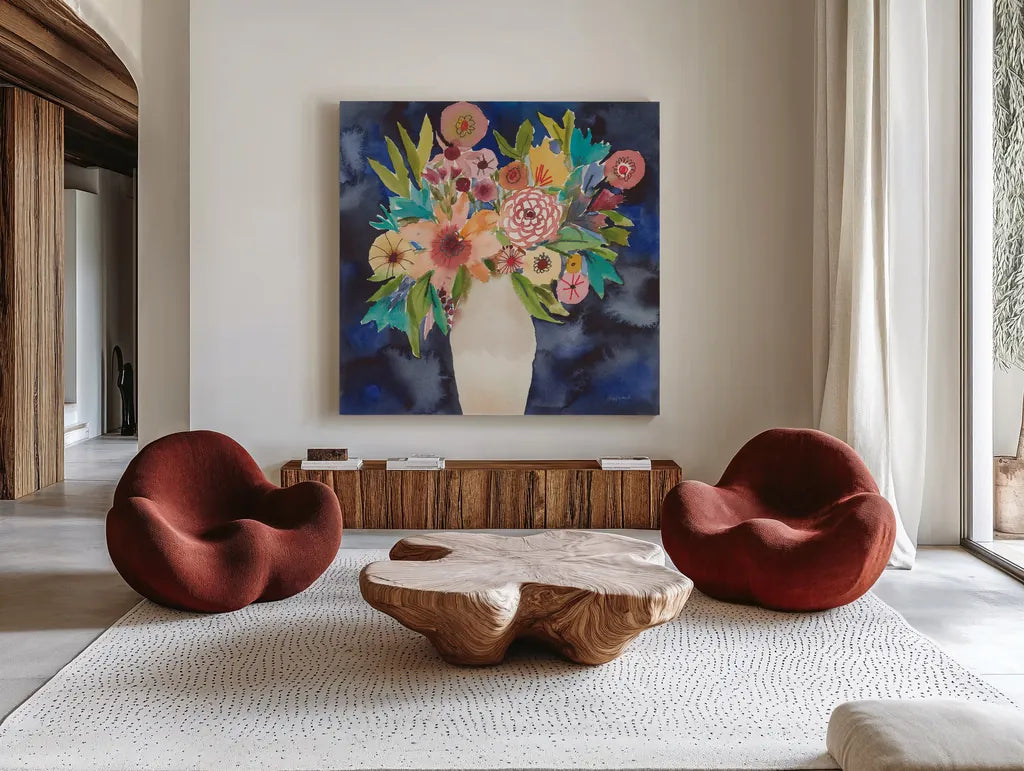 Floral Beauty IV by Cheryl Warrick. Shown as extra-large giant wall art in a modern living room. Available as an archival giclee rolled canvas, fine art paper, or poster print. SKU 86841a.