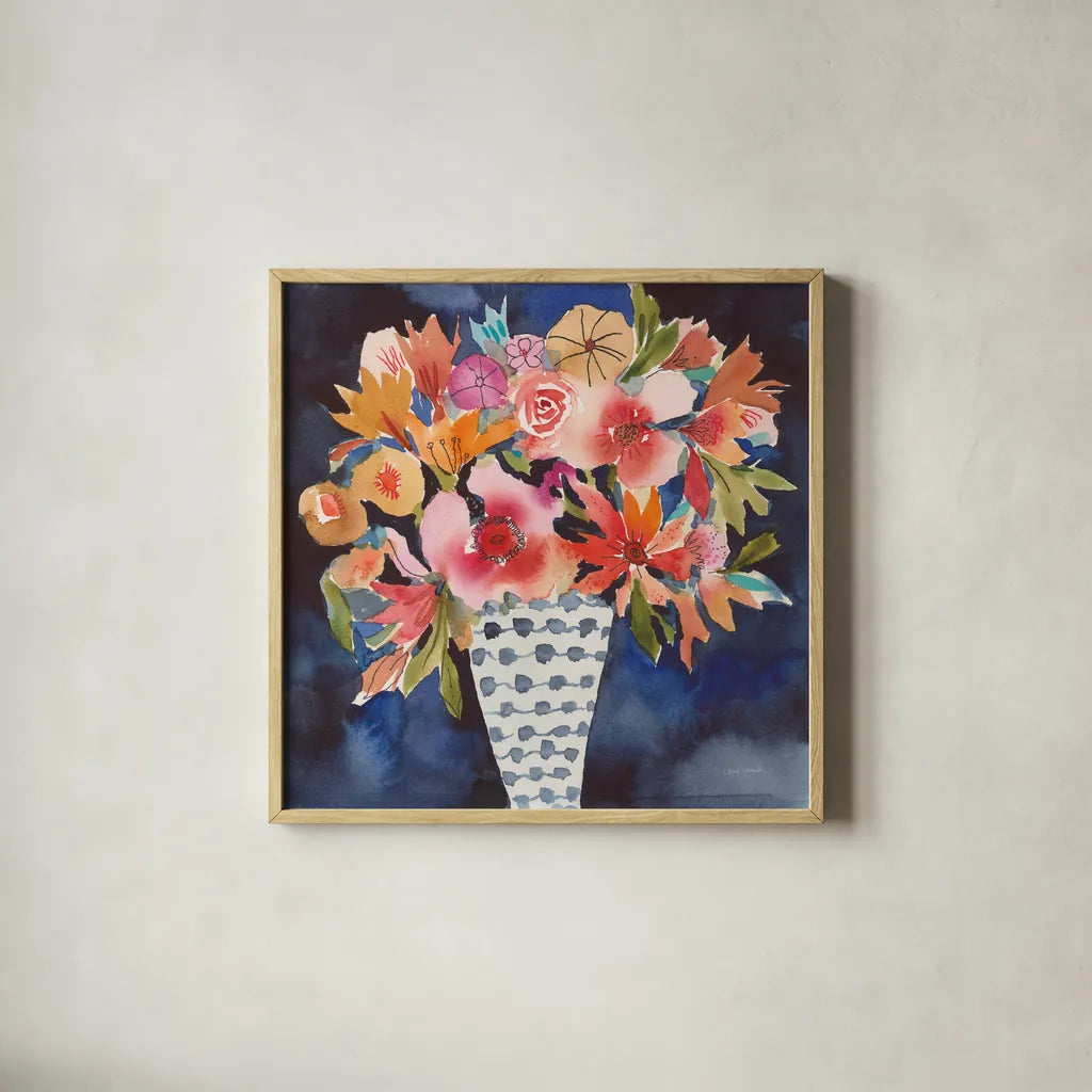 Floral Beauty V by Cheryl Warrick. Shown in a natural wood glass frame for a timeless modern aesthetic. Available as an archival giclee rolled canvas, fine art paper, or poster print. SKU 86842a.