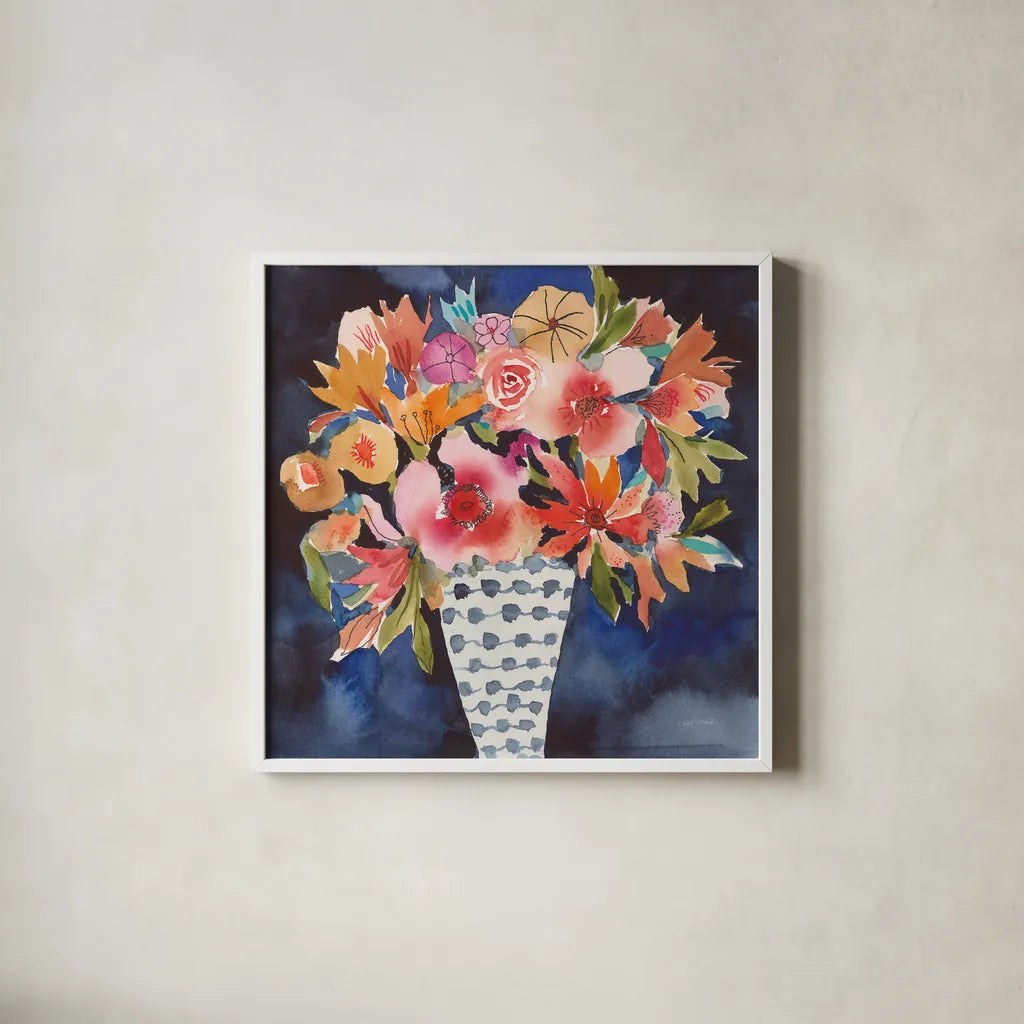 Floral Beauty V by Cheryl Warrick. Shown in a crisp white glass frame for a clean and minimalist style. Available as an archival giclee rolled canvas, fine art paper, or poster print. SKU 86842a.