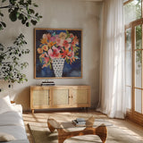 Floral Beauty V by Cheryl Warrick. Shown in a natural wood frame in a cozy modern living room. Available as an archival giclee rolled canvas, fine art paper, or poster print. SKU 86842a.