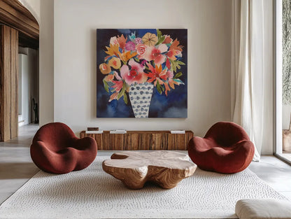 Floral Beauty V by Cheryl Warrick. Shown as extra-large giant wall art in a modern living room. Available as an archival giclee rolled canvas, fine art paper, or poster print. SKU 86842a.
