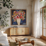 Floral Beauty V Cream Vase by Cheryl Warrick. Shown in a natural wood frame in a cozy modern living room. Available as an archival giclee rolled canvas, fine art paper, or poster print. SKU 86879a.