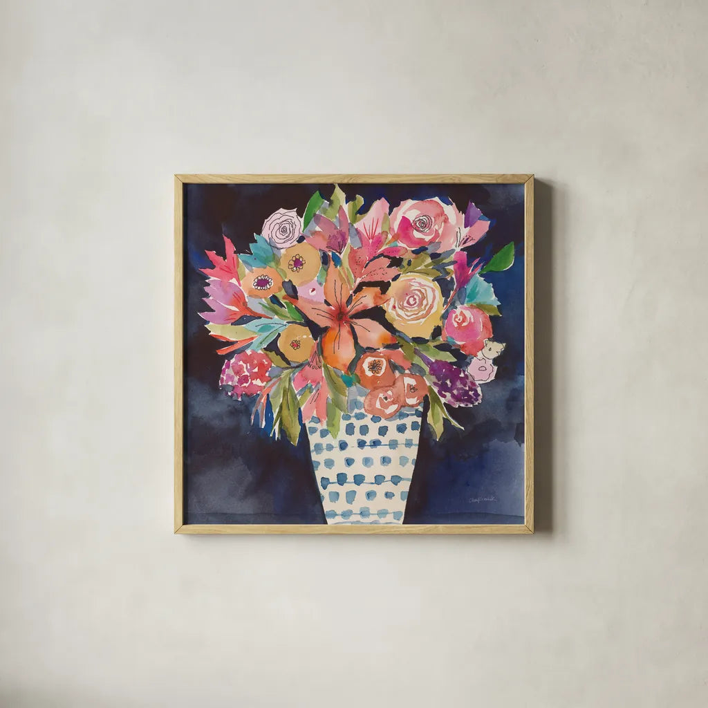 Floral Beauty VI by Cheryl Warrick. Shown in a natural wood glass frame for a timeless modern aesthetic. Available as an archival giclee rolled canvas, fine art paper, or poster print. SKU 86843a.