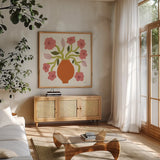 Flower Pot II by Cheryl Warrick. Shown in a natural wood frame in a cozy modern living room. Available as an archival giclee rolled canvas, fine art paper, or poster print. SKU 102794a.