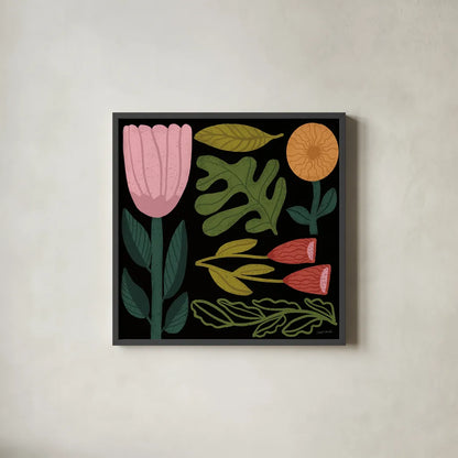 Flower Toss I by Cheryl Warrick. Shown in a sleek black glass frame for a contemporary gallery look. Available as an archival giclee rolled canvas, fine art paper, or poster print. SKU 90941a.